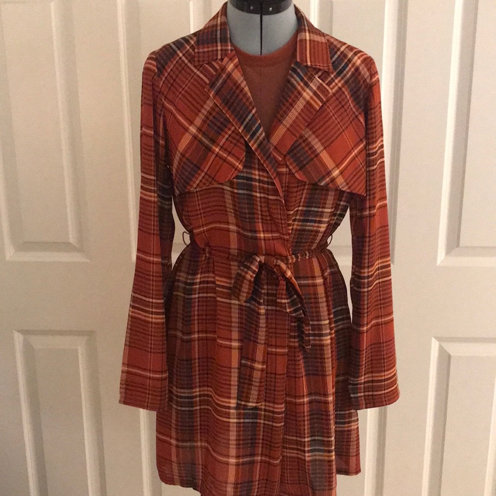 2 Piece Forever 21 Rust Plaid Jacket w/ Rust Sheer Bodysuit S and M